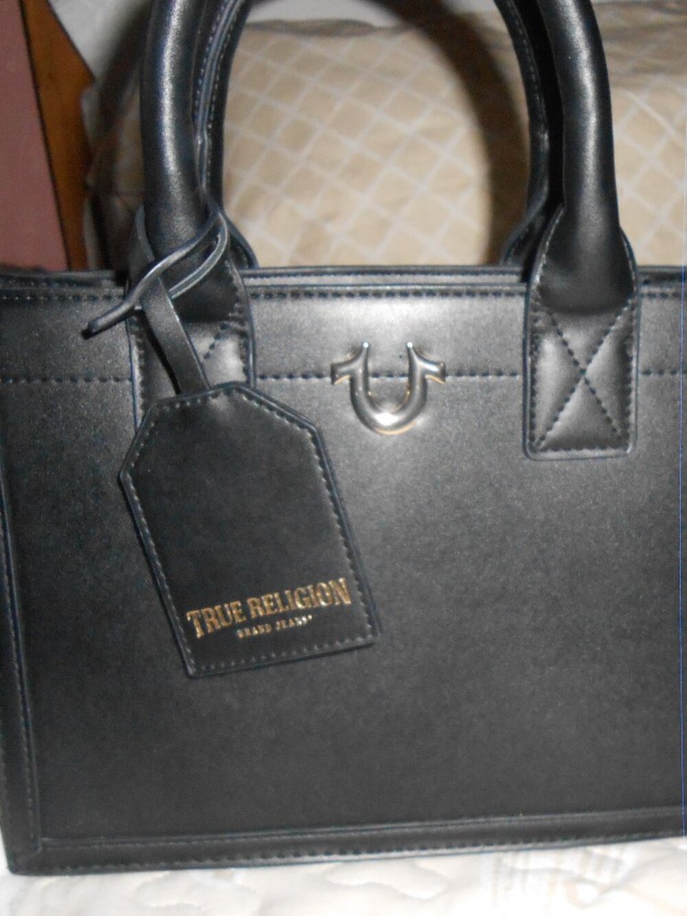 VGC True Religion Black Logo Modern Edge Medium Tote Bag w/ Crossbody Strap